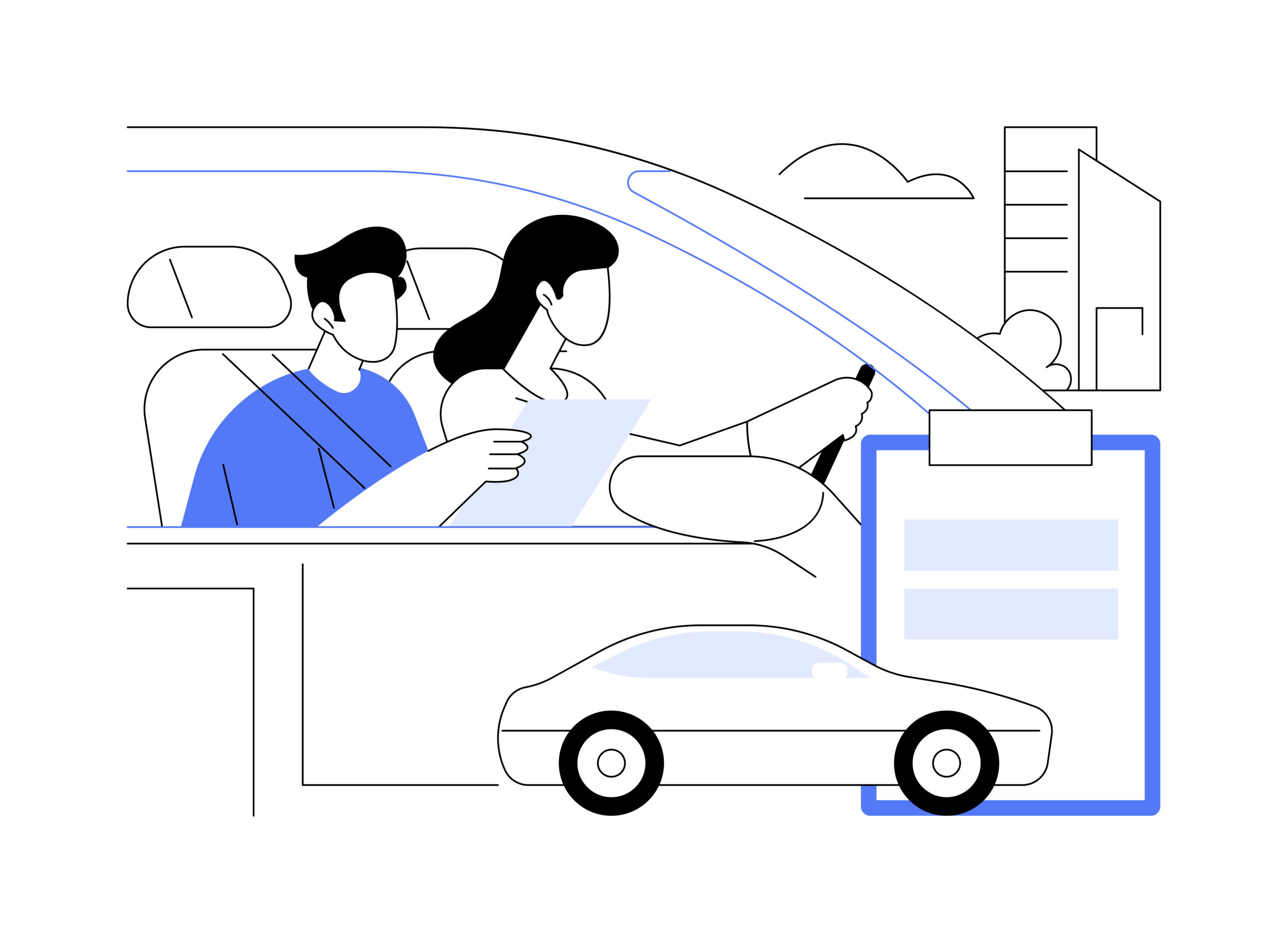 Road test abstract concept vector illustration. Young woman at the driving test with instructor, driving a vehicle, personal transport, driving school exam, on the road in a car abstract metaphor.